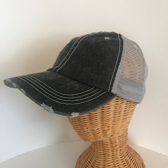 Distressed Canvas, Mesh Back Ponytail Hat Adjustable Black Grey New! - Picture 11 of 12
